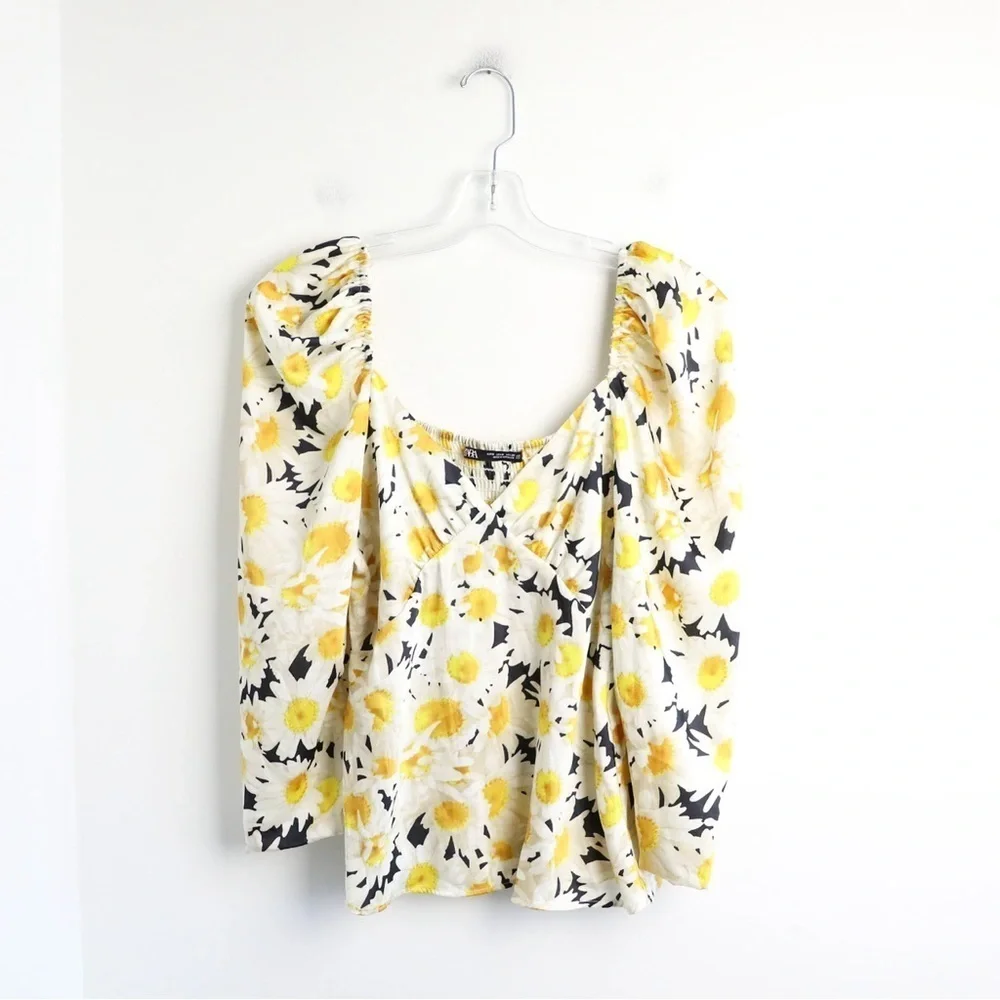 Zara floral daisy print top yellow blouse puff sleeve flowers spring summer S